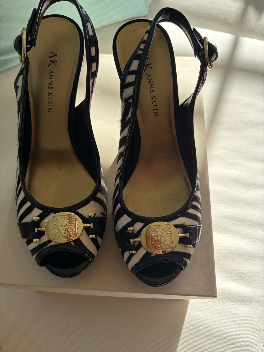 Anne Klein Black and White Zebra Print Slingback Wedges with Gold Accent - Picture 2 of 6